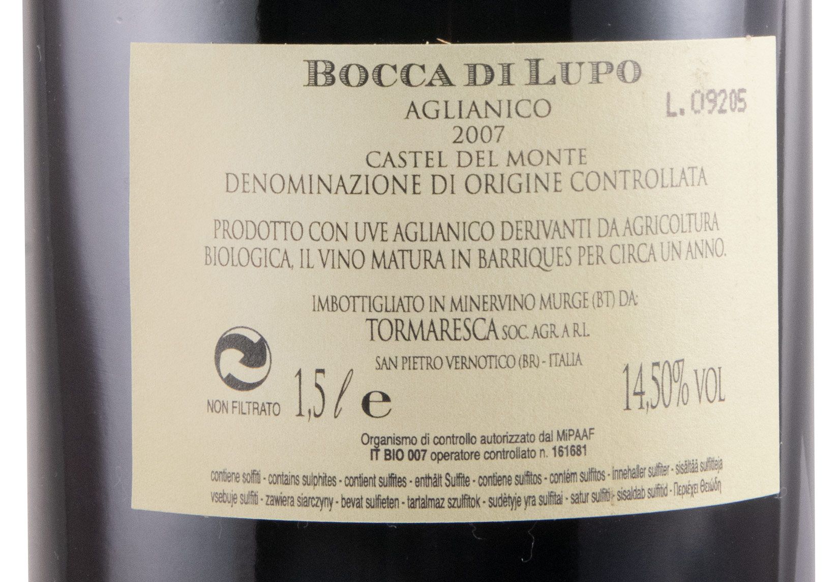 2007 Tormaresca Bocca di Lupo Aglianico Castel del Monte red 1.5L