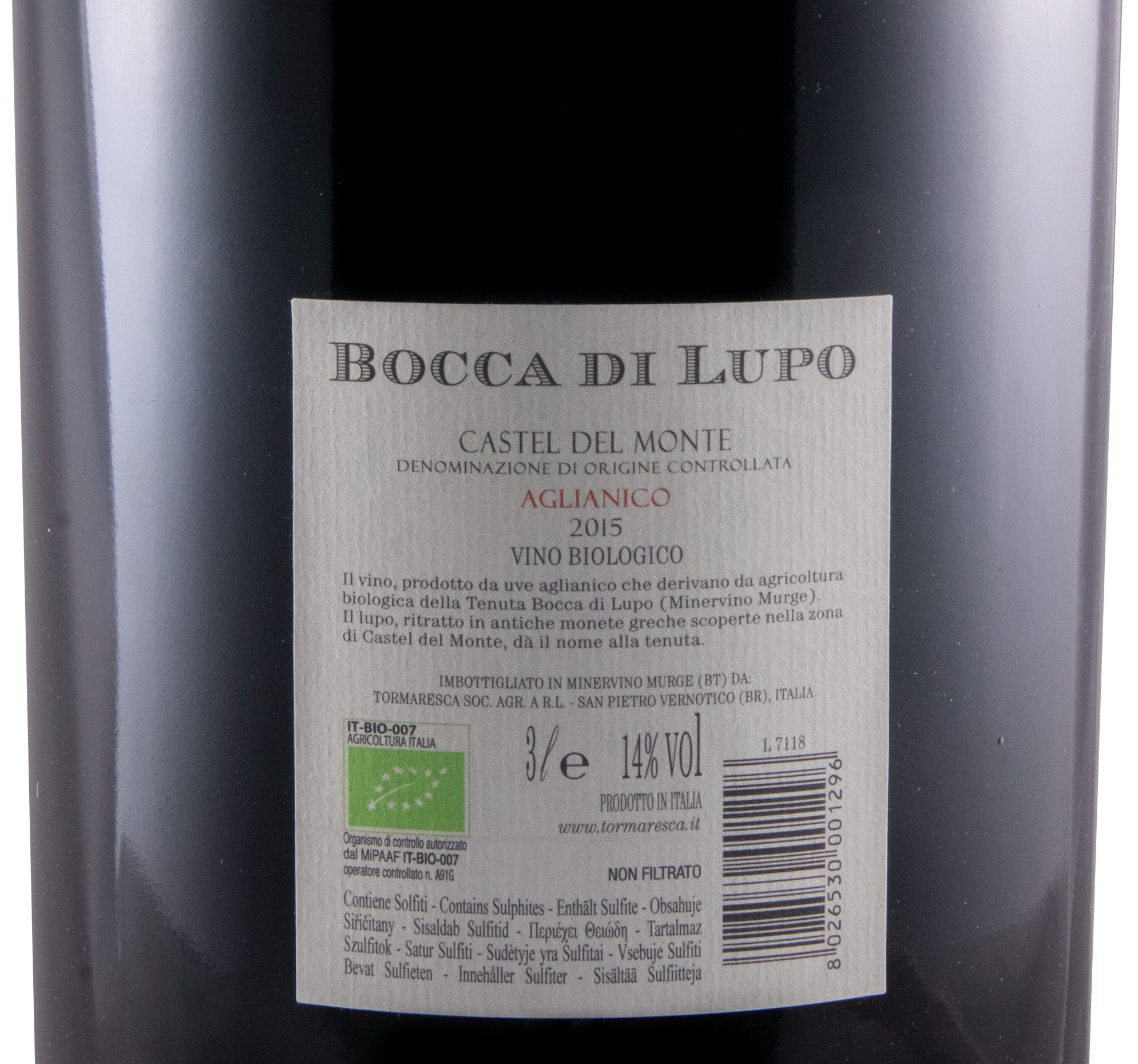 2015 Tormaresca Bocca di Lupo Aglianico Castel del Monte biológico tinto 3L