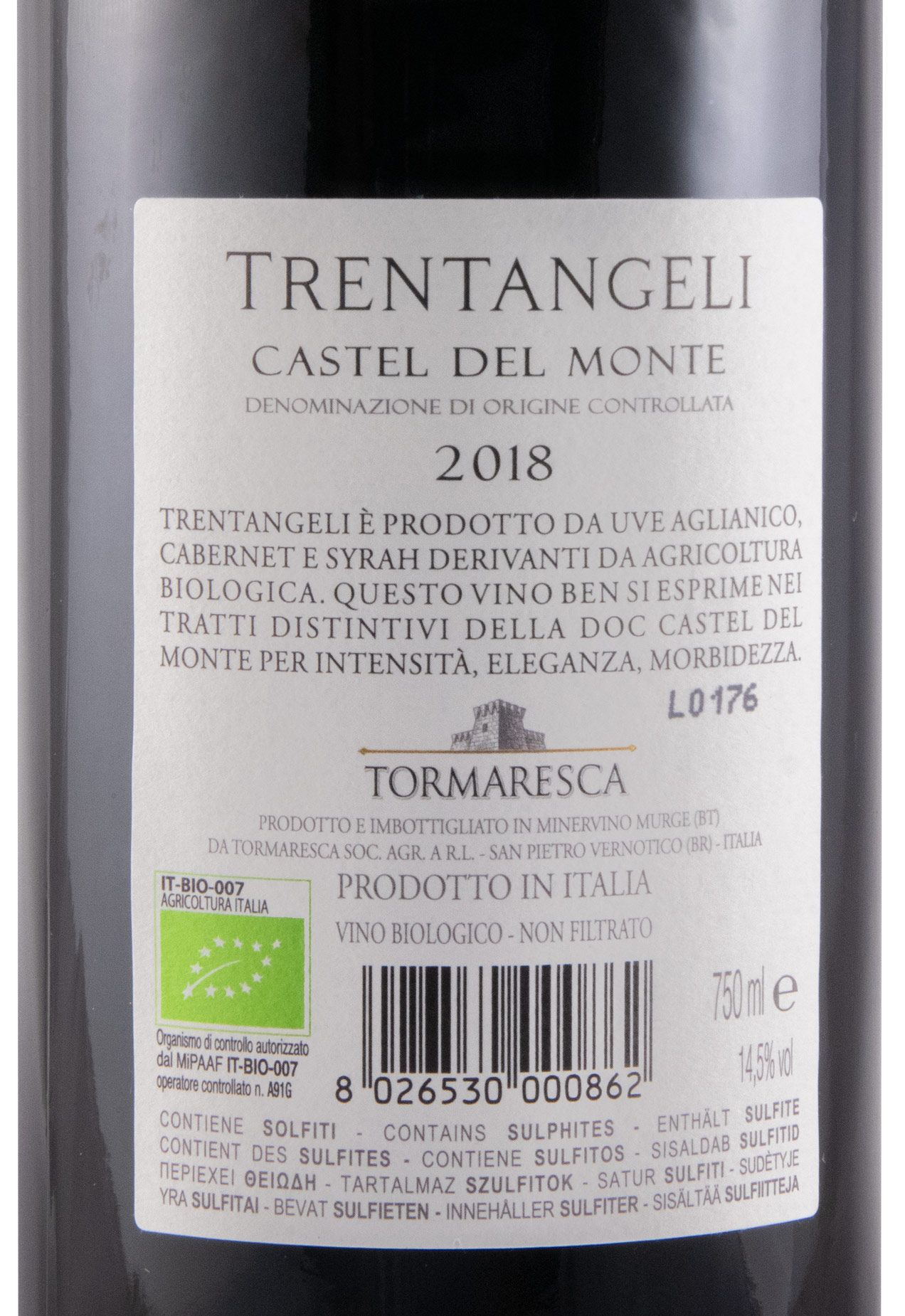 2018 Tormaresca Trentangeli Castel del Monte biológico tinto