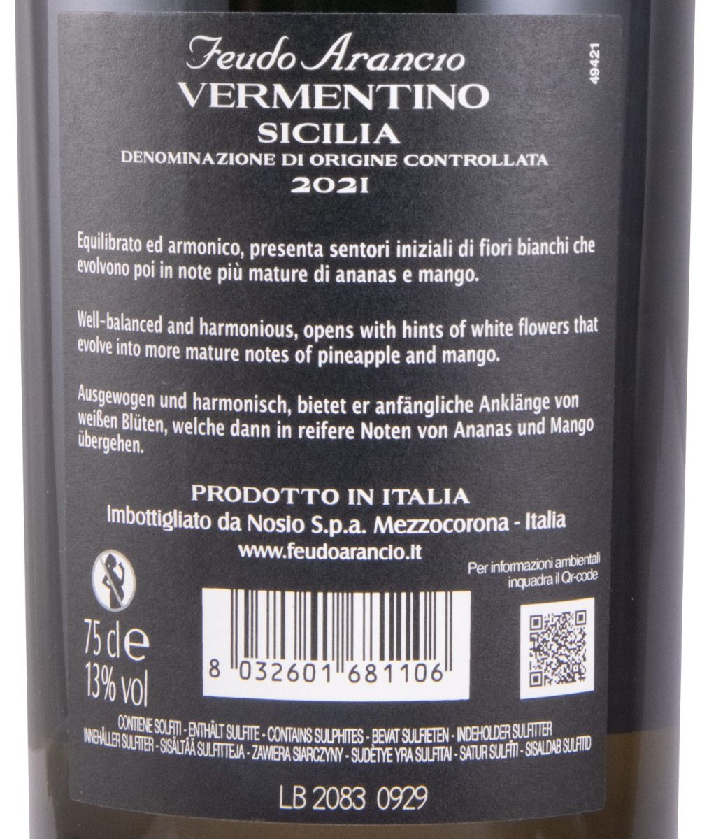 2021 Feudo Arancio Vermentino branco (rótulo danificado)