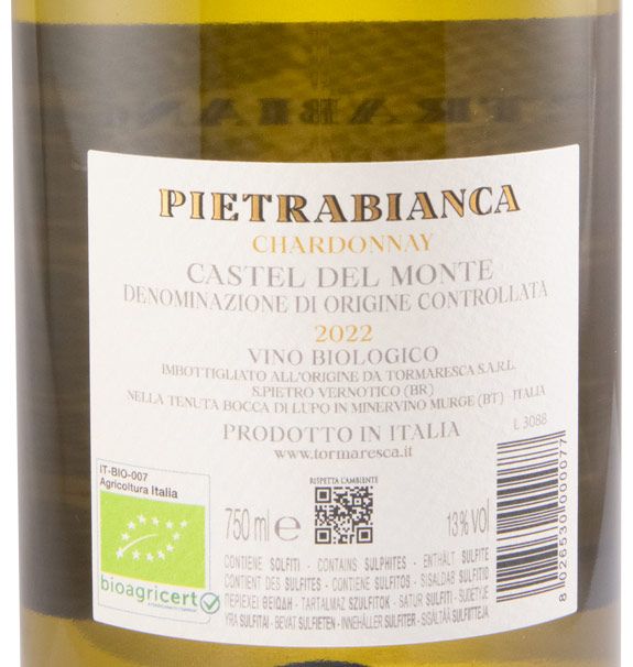 2022 Tormaresca Pietrabianca Chardonnay Castel del Monte biológico branco
