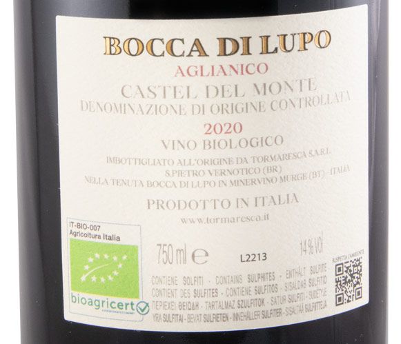 2020 Tormaresca Bocca di Lupo Aglianico Castel del Monte biológico tinto