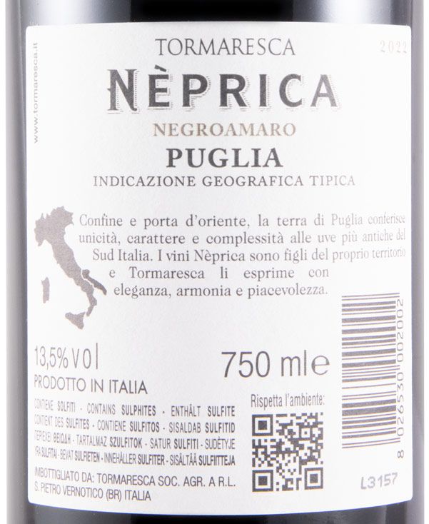 2022 Tormaresca Nèprica Negroamaro tinto (rótulo danificado)