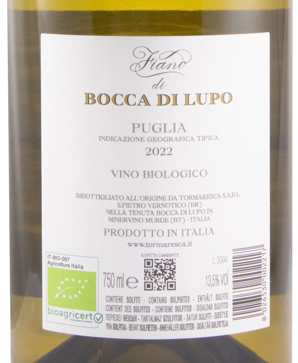 2022 Fiano di Bocca di Lupo biológico branco