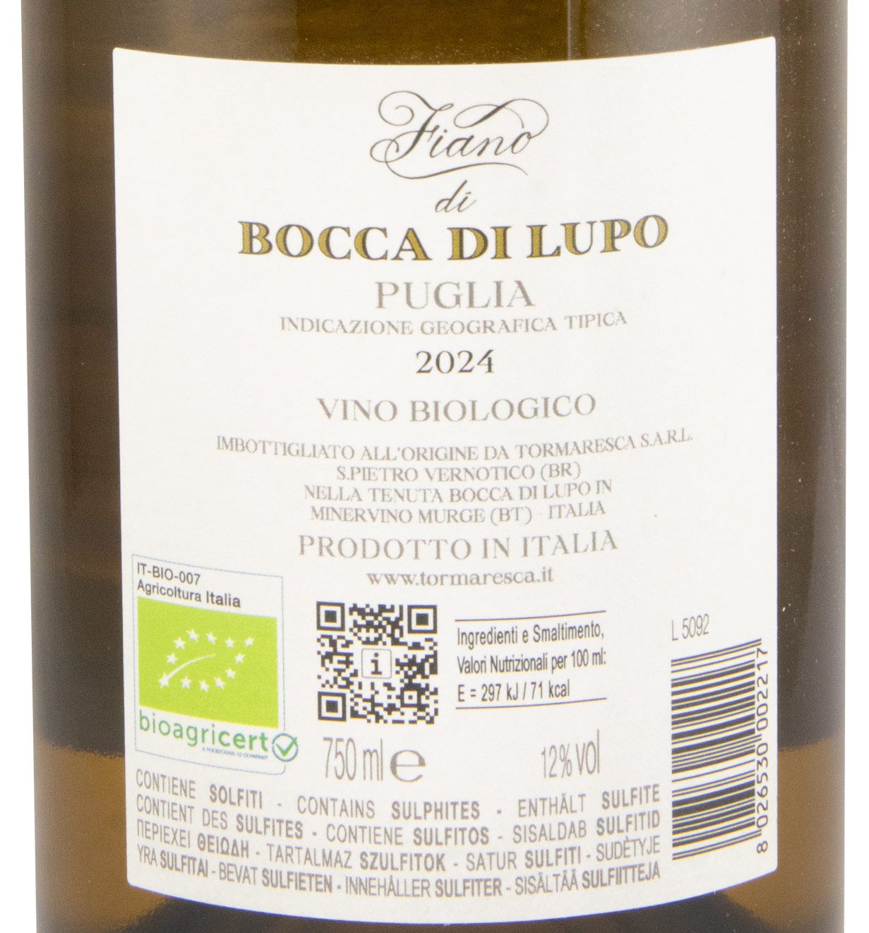 2024 Fiano di Bocca di Lupo biológico branco