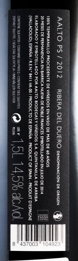2012 Bodegas Aalto PS Ribera del Duero tinto 1,5L