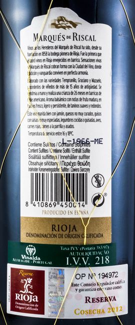2012 Marqués de Riscal Reserva Rioja red