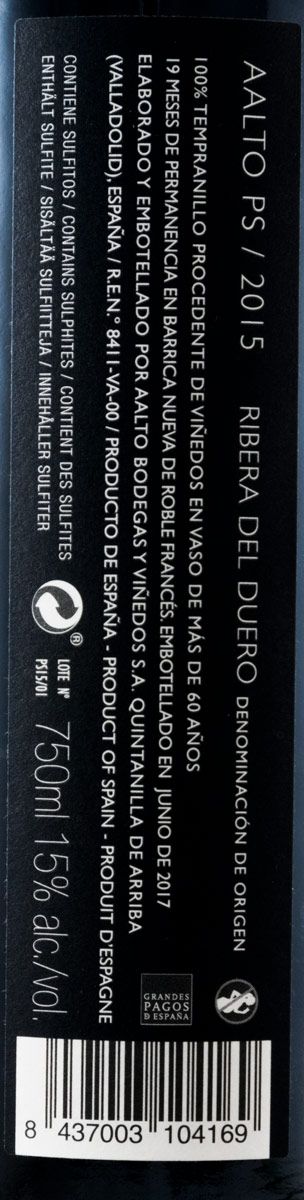 2015 Bodegas Aalto PS Ribera del Duero tinto