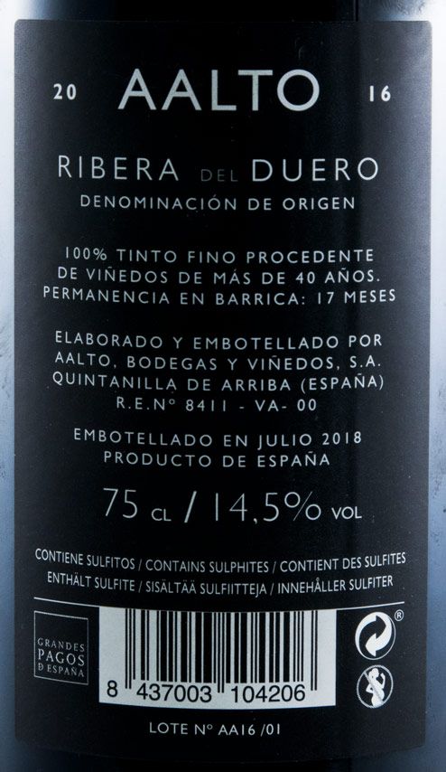 2016 Bodegas Aalto Ribera del Duero tinto