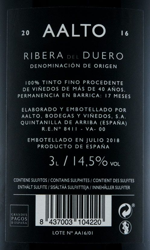 2016 Bodegas Aalto Ribera del Duero tinto 3L