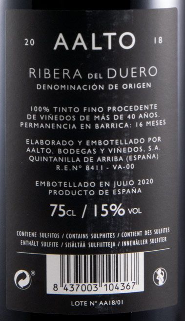 2018 Bodegas Aalto Ribera del Duero red
