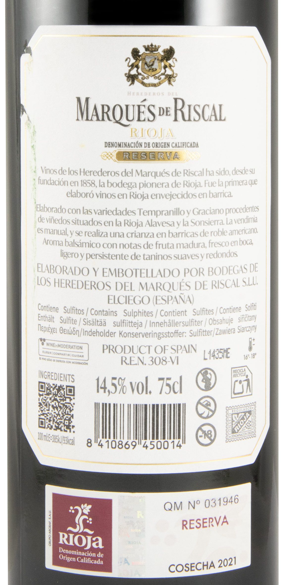 2021 Marqués de Riscal Reserva Rioja red