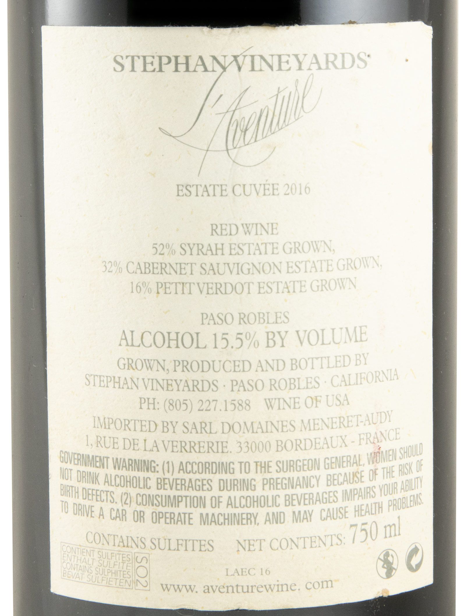 2016 Paso Robles L'Aventure Estate Cuvée red