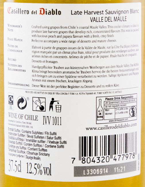 2012 Concha Y Toro Casillero Del Diablo Sauvignon Blanc Colheita Tardia Valle del Maule branco 37,5cl