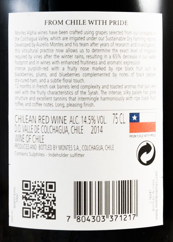 2014 Montes Alpha Syrah Valle de Colchagua red
