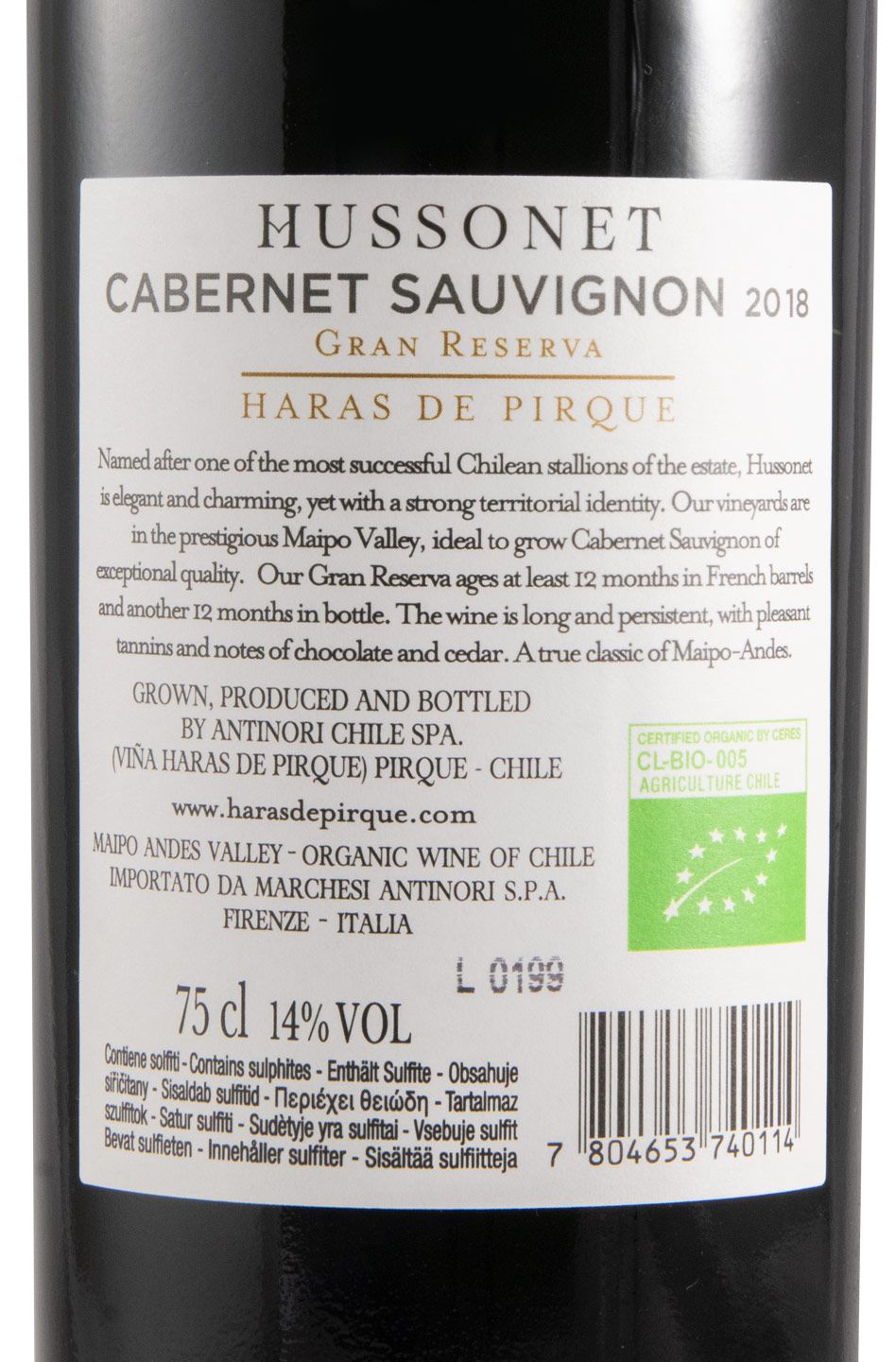 2018 Viña Haras de Pirque Hussonet Cabernet Sauvignon Gran Reserva Vale del Maipo organic red