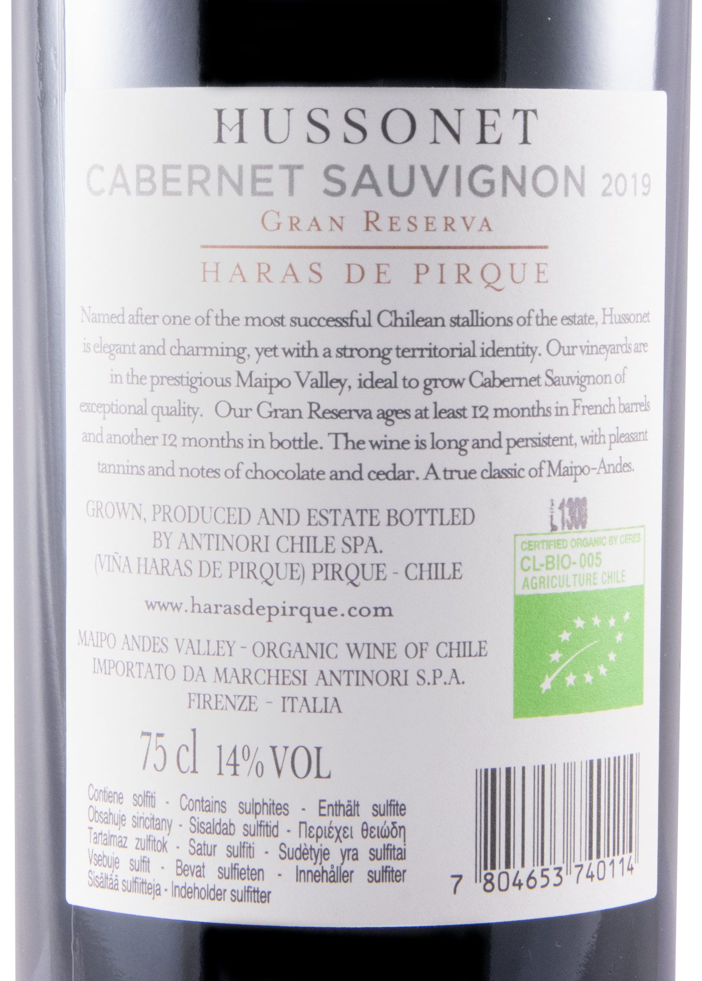2019 Viña Haras de Pirque Hussonet Cabernet Sauvignon Gran Reserva Vale del Maipo organic red