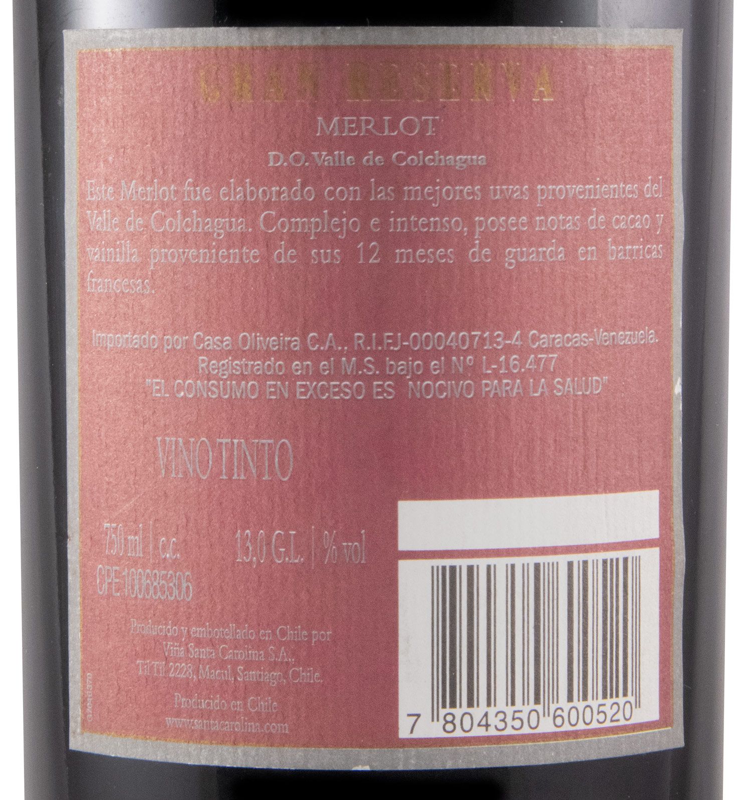 2005 Santa Carolina Merlot Gran Reserva Valle de Colchagua tinto
