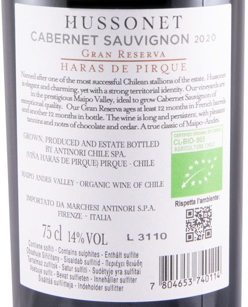 2020 Viña Haras de Pirque Hussonet Cabernet Sauvignon Gran Reserva Vale del Maipo organic red