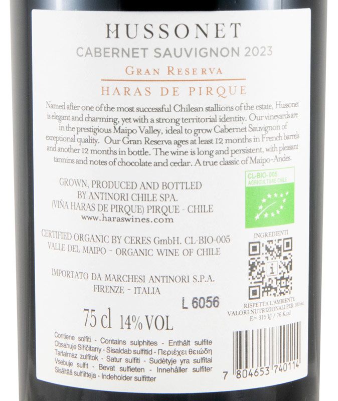 2023 Viña Haras de Pirque Hussonet Cabernet Sauvignon Gran Reserva Vale del Maipo organic red