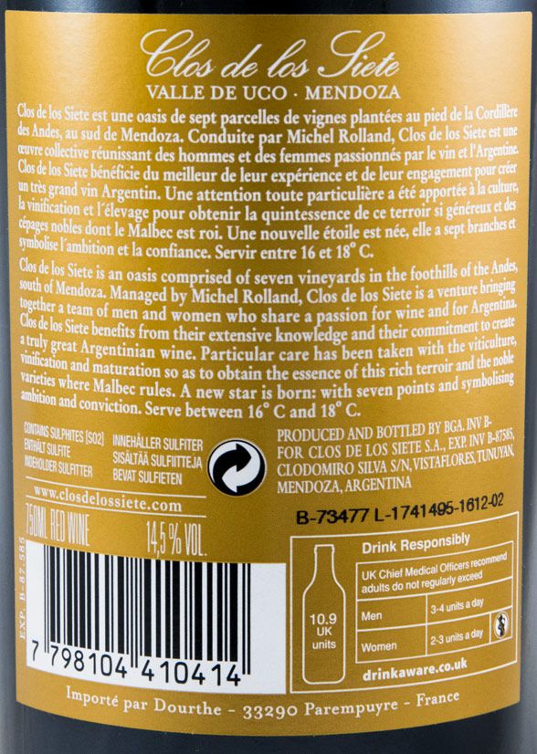 2014 Michel Rolland Clos de Los Siete Malbec Vista Flores tinto