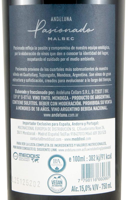 2019 Andeluna Pasionado Malbec Valle de Uco tinto