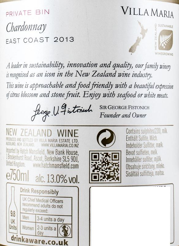 2012 Villa Maria Chardonnay East Coast Private Bin branco