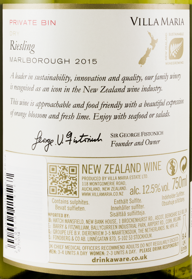 2015 Villa Maria Riesling Private Bin Marlborough white