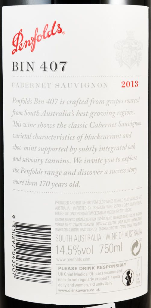 2013 Penfolds Bin 407 Cabernet Sauvignon Barossa Valley red