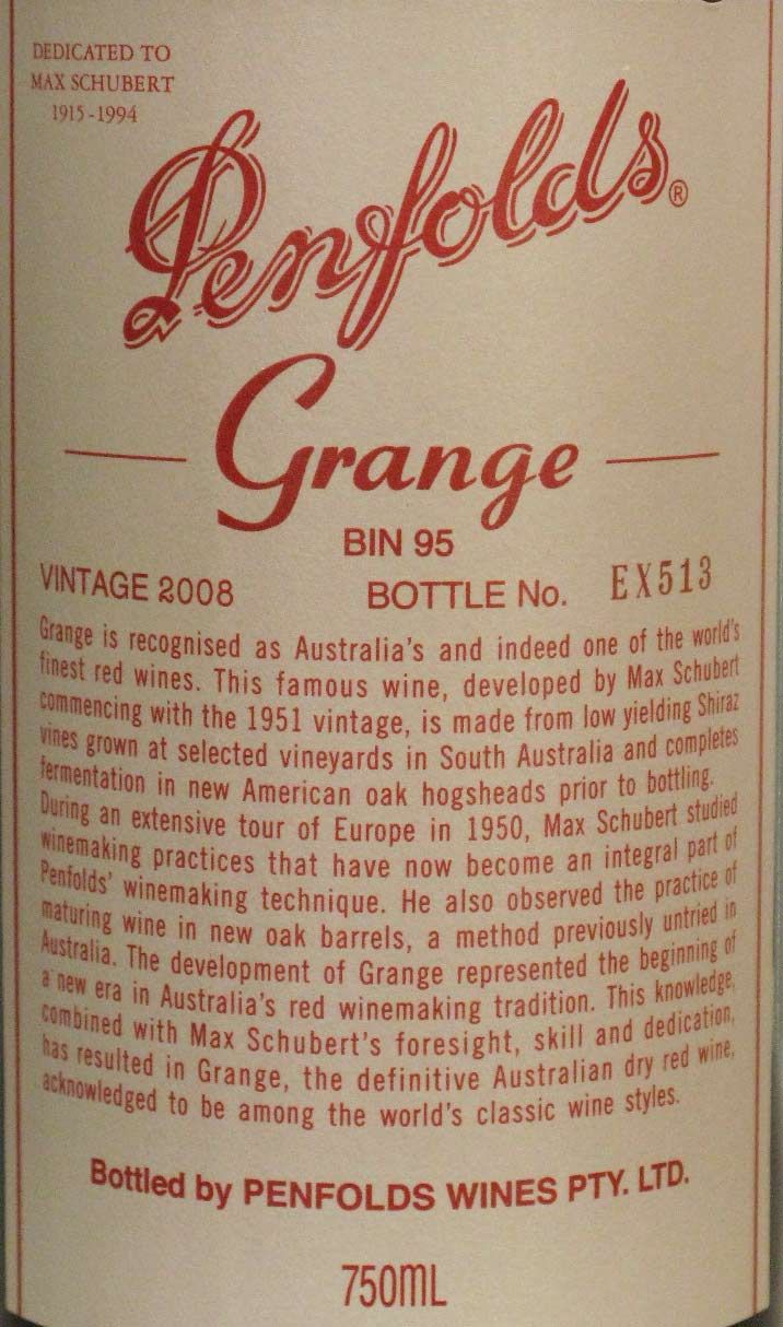 2008 Penfolds Bin 95 Grange Barossa Valley tinto
