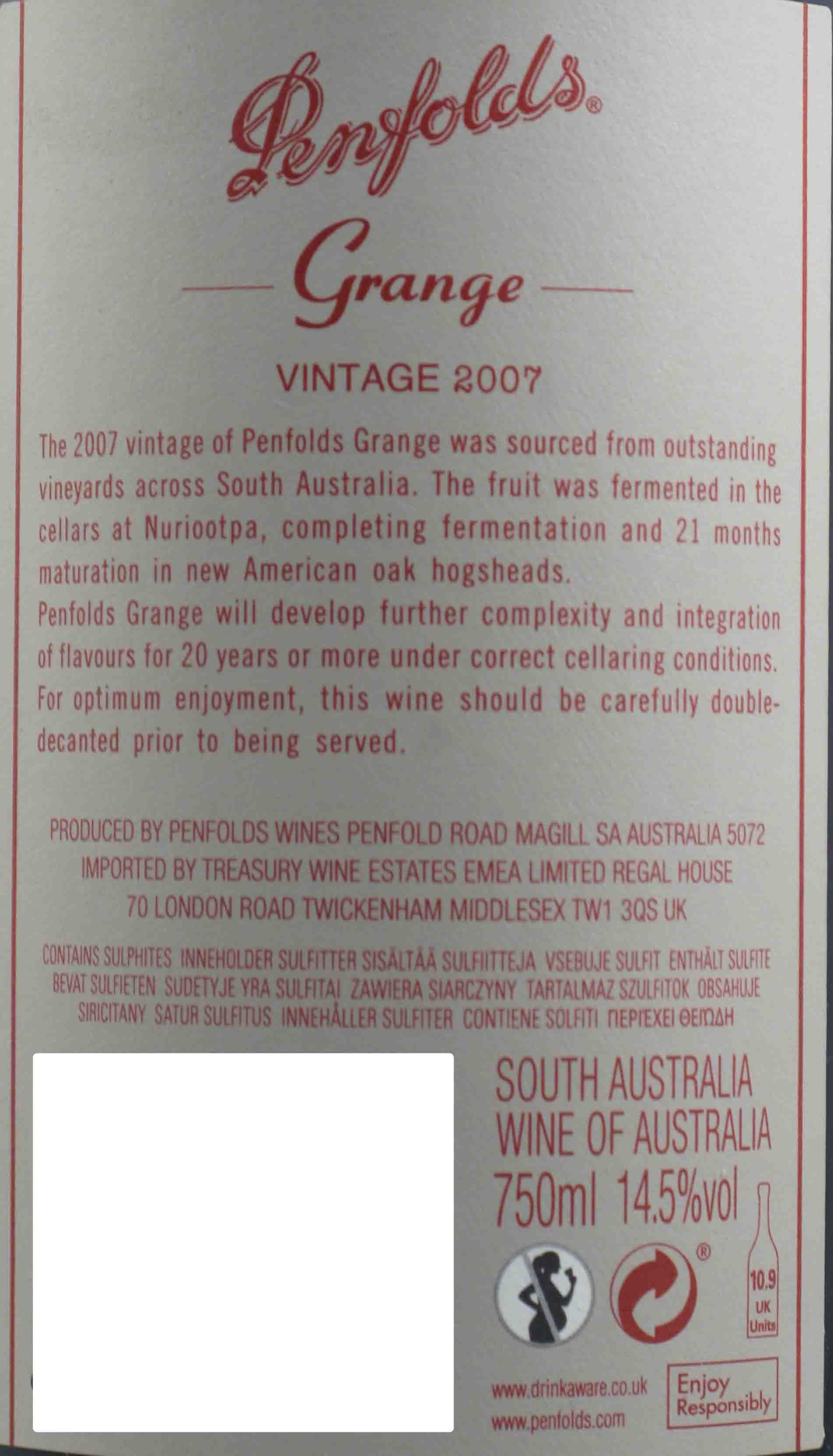 2007 Penfolds Bin 95 Grange Barossa Valley tinto