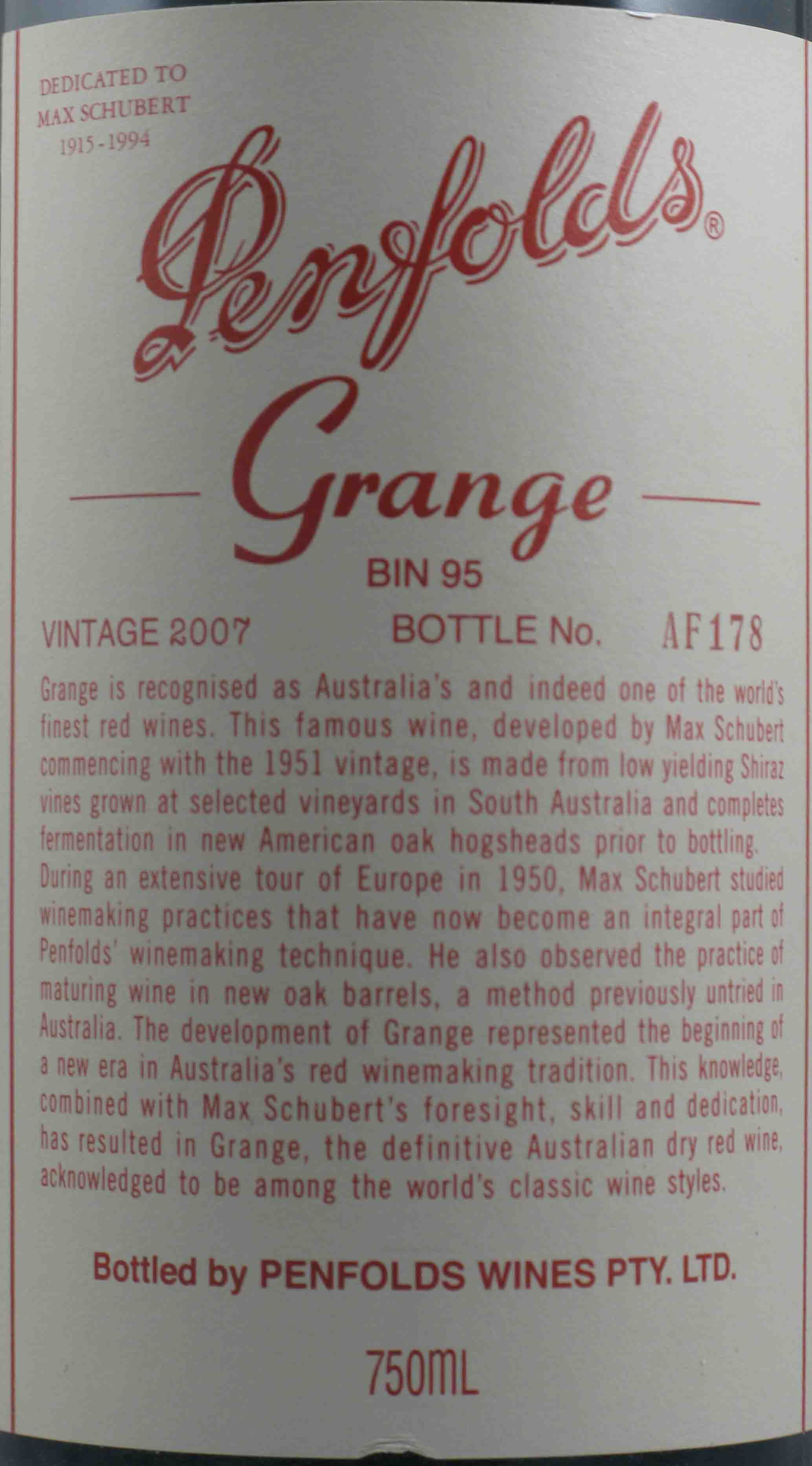 2007 Penfolds Bin 95 Grange Barossa Valley tinto
