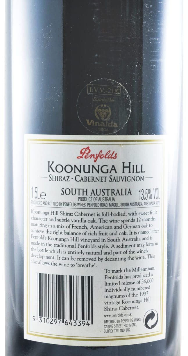 1997 Penfolds Koonunga Hill Shiraz & Cabernet Sauvignon Barossa Valley tinto 1,5L