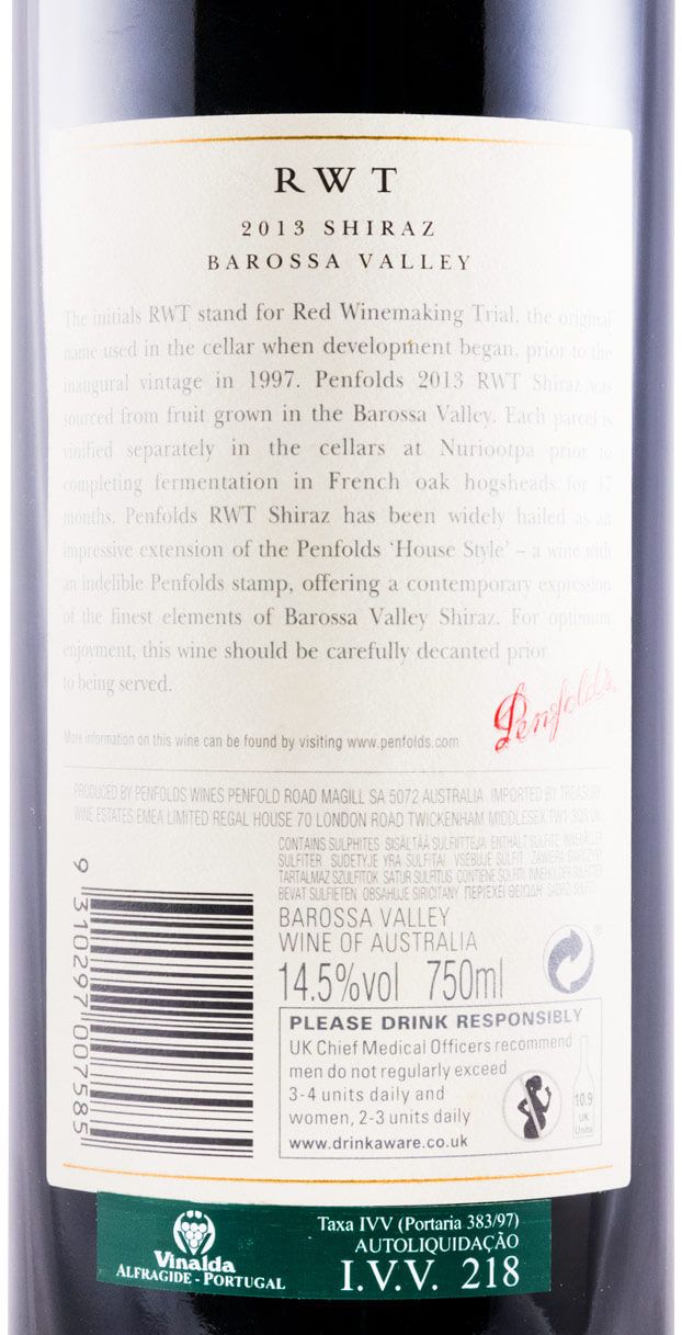 2013 Penfolds RWT Shiraz Barossa Valley tinto