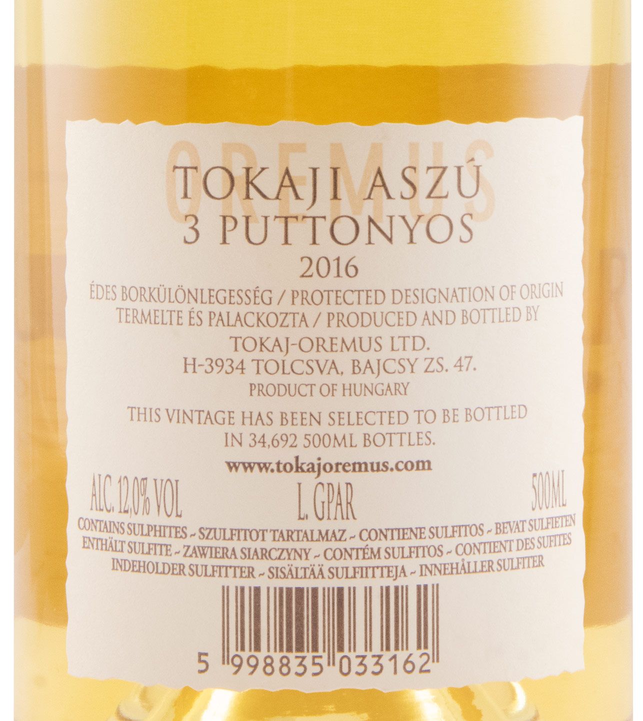 2016 Tokaji Oremus Aszú 3 Puttonyos branco 50cl