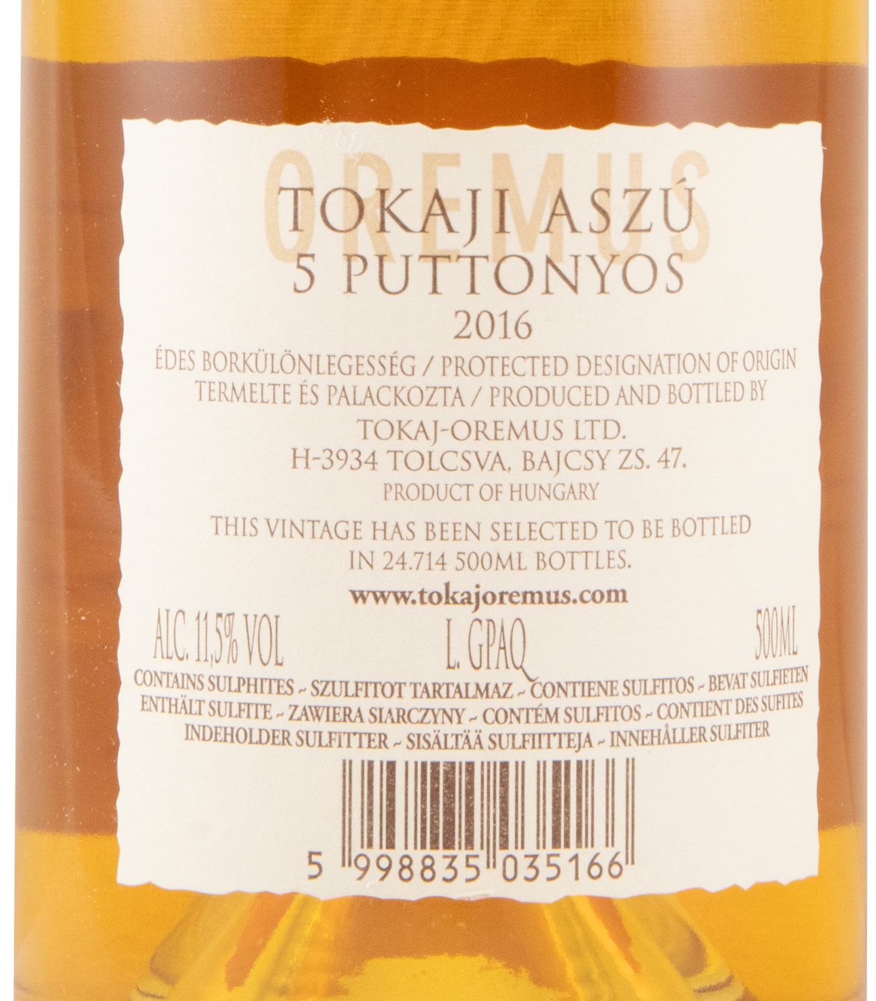 2016 Tokaji Oremus Aszú 5 Puttonyos branco 50cl