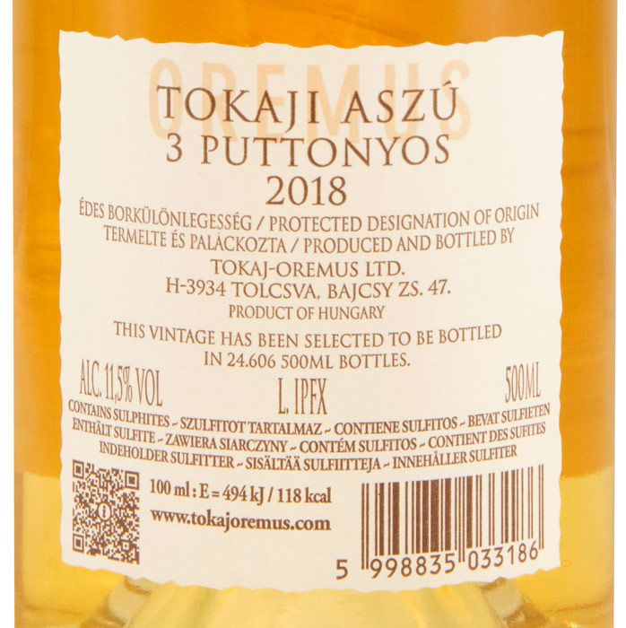 2018 Tokaji Oremus Aszú 3 Puttonyos branco 50cl