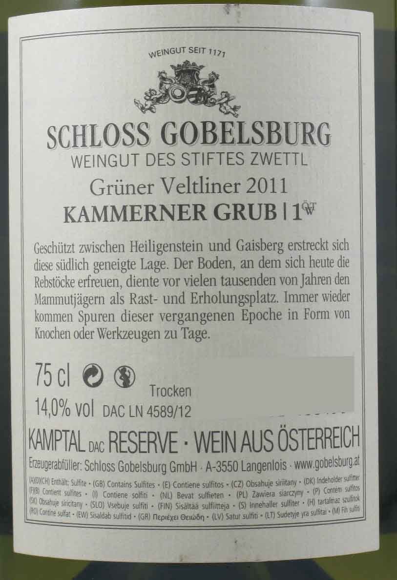 2011 Schloss Gobelsburg Kammerner Grub Erste Lage Grüner Veltliner branco