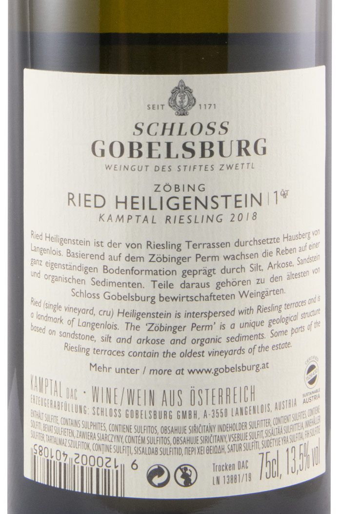 2018 Schloss Gobelsburg Heiligenstein Riesling branco