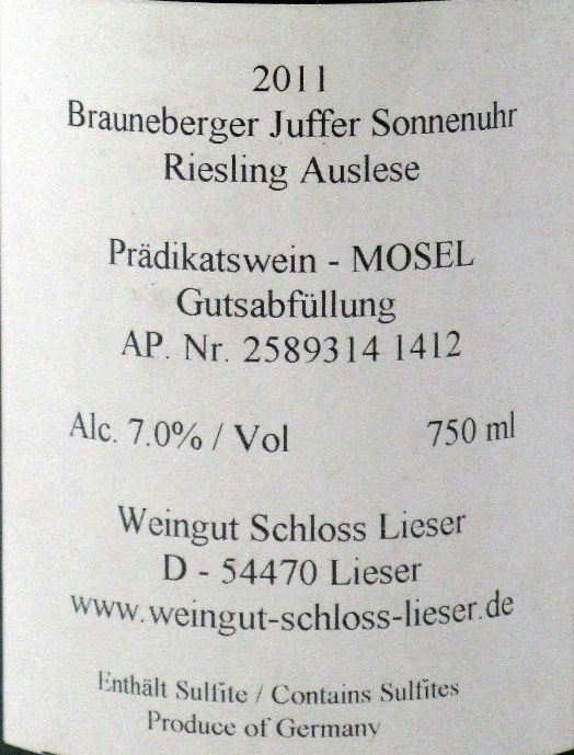 2011 Brauneberger Juffer Sonnenuhr Long Goldkapsel Auslese Riesling Schloss Lieser branco