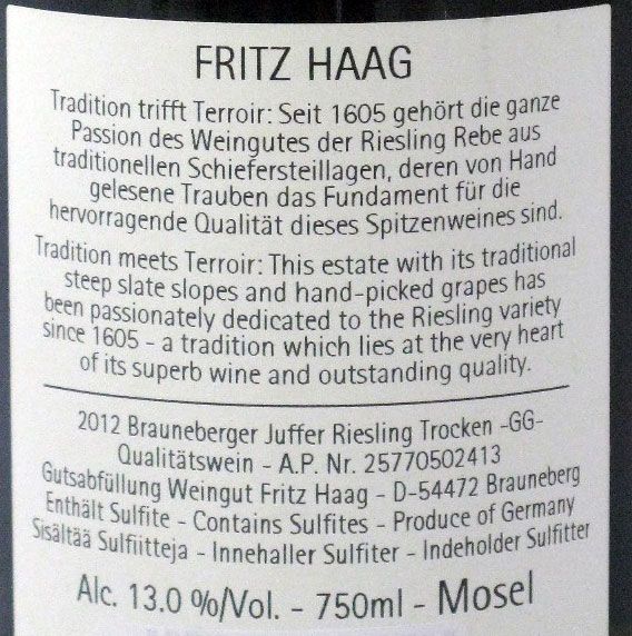 2012 Fritz Haag Brauneberger Juffer Riesling Trocken GG branco