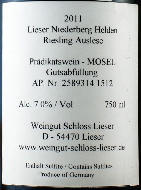 2011 Schloss Lieser Niederberg Helden Riesling Auslese Goldkapsel branco