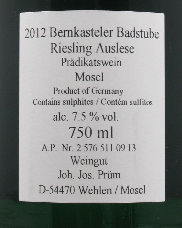 2012 Joh. Jos. Prüm Bernkasteler Badstube Auslese branco