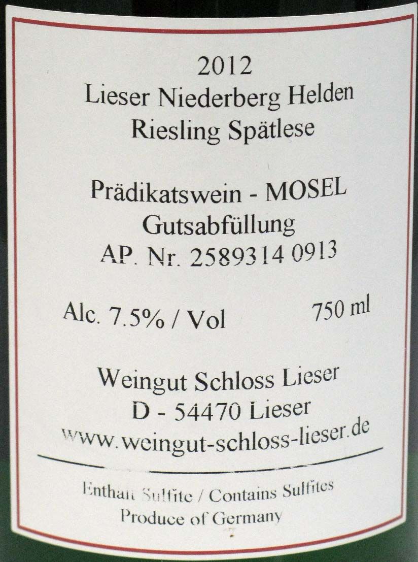 2012 Niederberg Schloss Lieser Helden Riesling Spätlese white