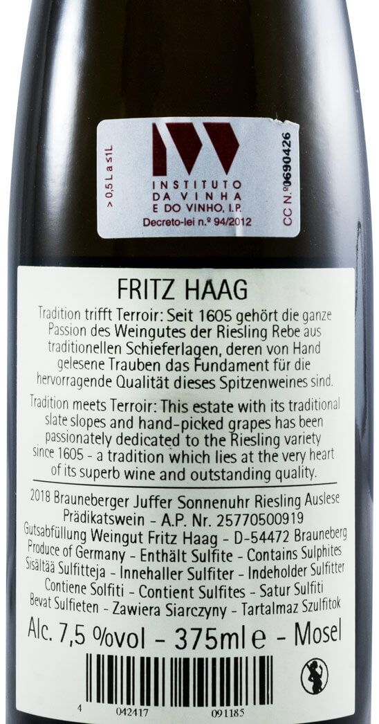 2018 Fritz Haag Brauneberger Juffer Sonnenuhr Auslese Riesling branco