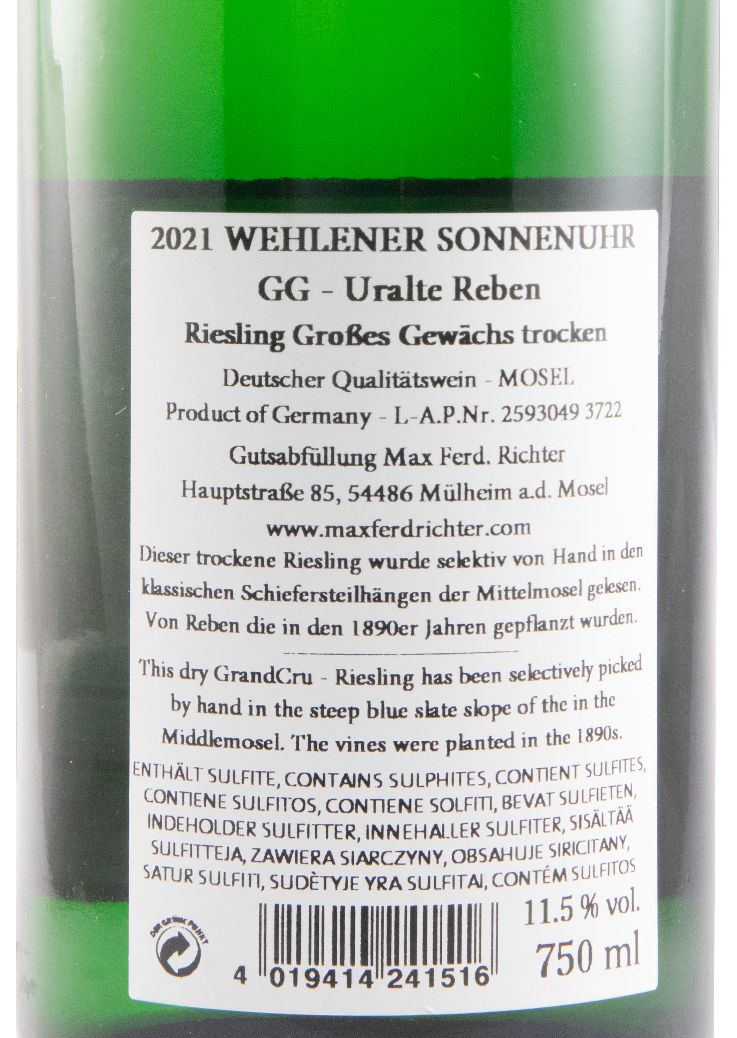 2021 Max Ferd. Richter Wehlener Sonnenuhr Riesling GG Uralte Reben branco