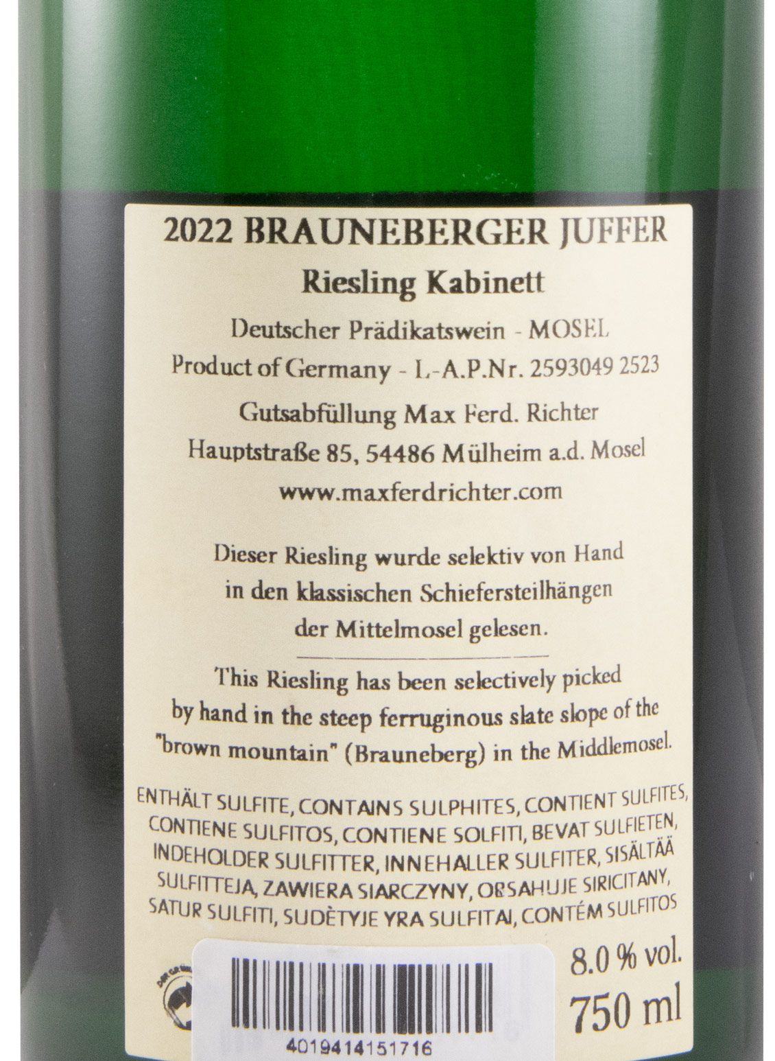 2022 Max Ferd. Richter Brauneberger Juffer Riesling Kabinett branco