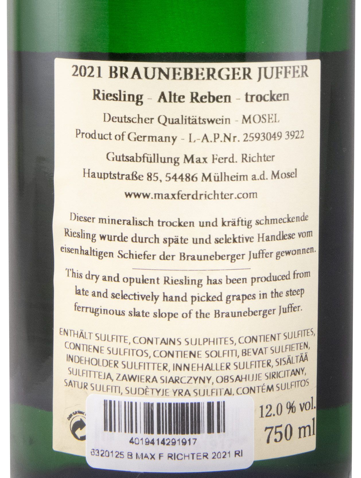 2021 Max Ferd. Richter Brauneberger Juffer Riesling Alte Reben Trocken white (damaged label)