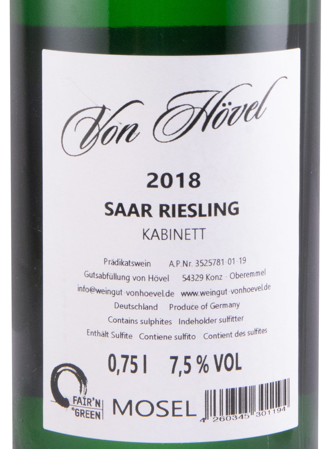 2018 Von Hövel Saar Riesling Kabinett branco