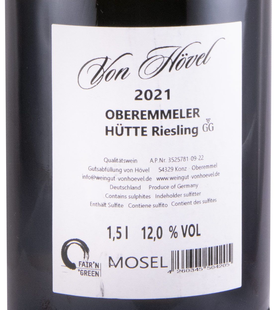 2021 Von Hövel Oberemmeler Hütte Riesling GG branco 1,5L